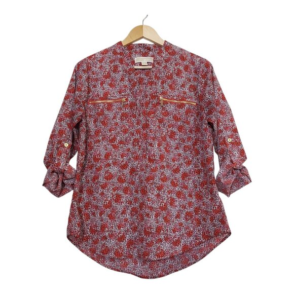Michael Kors Oversized V-Neck Band Collar Pullover Blouse Zipper Pockets - Small - Picture 1 of 10